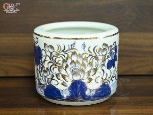 Bát hương men lam vẽ Sen Đại Cát vẽ vàng, đường kính 18cm