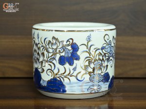 Bát hương men lam vẽ Sen Đại Cát vẽ vàng, đường kính 18cm
