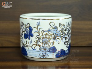 Bát hương men lam vẽ Sen Đại Cát vẽ vàng, đường kính 18cm