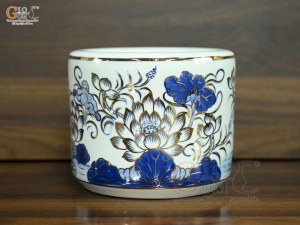 Bát hương men lam vẽ Sen Đại Cát vẽ vàng, đường kính 18cm