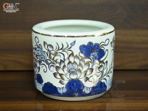 Bát hương men lam vẽ Sen Đại Cát vẽ vàng, đường kính 18cm
