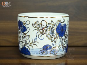 Bát hương men lam vẽ Sen Đại Cát vẽ vàng, đường kính 18cm