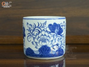 Bát hương men lam vẽ Sen Tài Lộc, đường kính 12cm