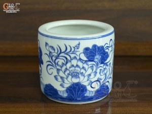 Bát hương men lam vẽ Sen Tài Lộc, đường kính 12cm