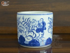 Bát hương men lam vẽ Sen Tài Lộc, đường kính 12cm