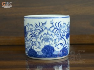 Bát hương men lam vẽ Sen Tài Lộc, đường kính 12cm