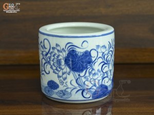 Bát hương men lam vẽ Sen Tài Lộc, đường kính 12cm