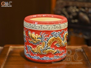 Bát hương men màu đắp nổi Rồng Như Ý nền đỏ, đường kính 14cm