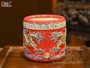 Bát hương men màu đắp nổi Rồng Như Ý nền đỏ, đường kính 14cm