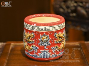 Bát hương men màu đắp nổi Rồng Như Ý nền đỏ, đường kính 12cm