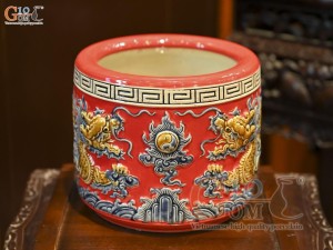 Bát hương men màu đắp nổi Rồng Như Ý nền đỏ, đường kính 20cm