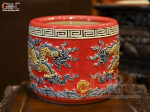 Bát hương men màu đắp nổi Rồng Như Ý nền đỏ, đường kính 20cm