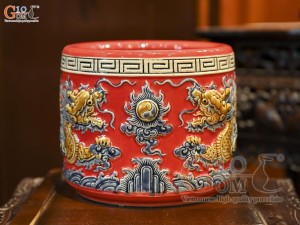 Bát hương men màu đắp nổi Rồng Như Ý nền đỏ, đường kính 18cm