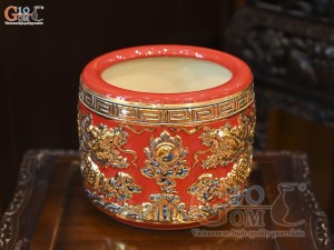Bát hương men màu đắp nổi Rồng Như Ý nền đỏ vẽ vàng 24k, đường kính 14cm