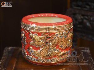 Bát hương men màu đắp nổi Rồng Như Ý nền đỏ vẽ vàng 24k, đường kính 18cm