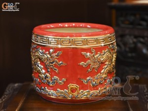 Bát hương men màu đắp nổi Rồng Như Ý nền đỏ vẽ vàng 24k, đường kính 18cm