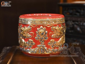 Bát hương men màu đắp nổi Rồng Như Ý nền đỏ vẽ vàng 24k, đường kính 25cm