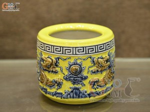 Bát hương men màu đắp nổi Rồng Như Ý nền vàng, đường kính 12cm