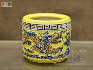 Bát hương men màu đắp nổi Rồng Như Ý nền vàng, đường kính 12cm