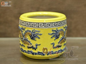 Bát hương men màu đắp nổi Rồng Như Ý nền vàng, đường kính 12cm