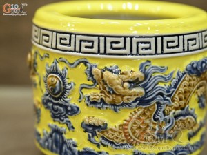 Bát hương men màu đắp nổi Rồng Như Ý nền vàng, đường kính 12cm
