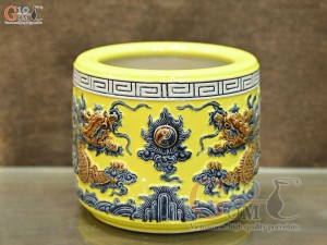 Bát hương men màu đắp nổi Rồng Như Ý nền vàng, đường kính 22cm