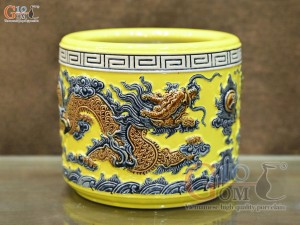 Bát hương men màu đắp nổi Rồng Như Ý nền vàng, đường kính 22cm