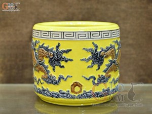 Bát hương men màu đắp nổi Rồng Như Ý nền vàng, đường kính 22cm