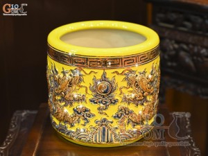Bát hương men màu đắp nổi Rồng Như Ý nền vàng vẽ vàng 24k, đường kính 18cm