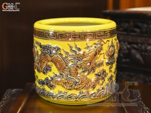 Bát hương men màu đắp nổi Rồng Như Ý nền vàng vẽ vàng 24k, đường kính 18cm