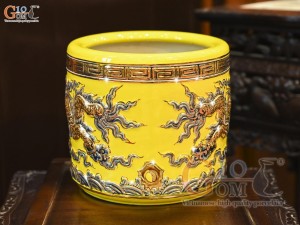 Bát hương men màu đắp nổi Rồng Như Ý nền vàng vẽ vàng 24k, đường kính 18cm
