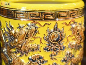Bát hương men màu đắp nổi Rồng Như Ý nền vàng vẽ vàng 24k, đường kính 18cm