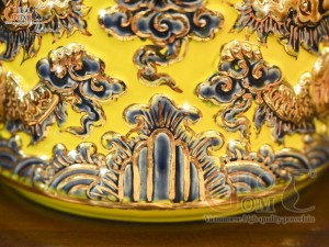 Bát hương men màu đắp nổi Rồng Như Ý nền vàng vẽ vàng 24k, đường kính 18cm