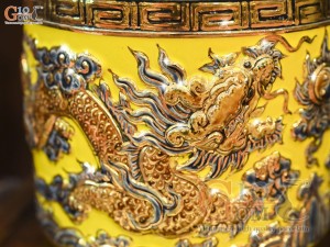 Bát hương men màu đắp nổi Rồng Như Ý nền vàng vẽ vàng 24k, đường kính 18cm