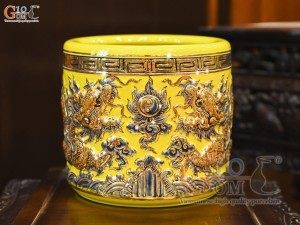 Bát hương men màu đắp nổi Rồng Như Ý nền vàng vẽ vàng 24k, đường kính 30cm