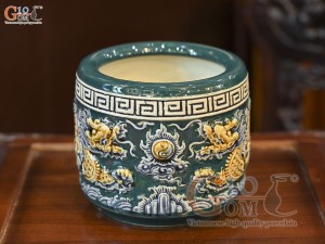 Bát hương men màu đắp nổi Rồng Như Ý nền xanh lục bảo, đường kính 14cm