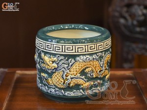 Bát hương men màu đắp nổi Rồng Như Ý nền xanh lục bảo, đường kính 14cm