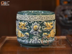 Bát hương men màu đắp nổi Rồng Như Ý nền xanh lục bảo, đường kính 12cm