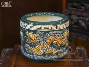 Bát hương men màu đắp nổi Rồng Như Ý nền xanh lục bảo, đường kính 30cm