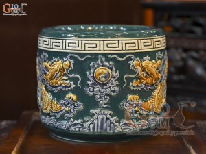 Bát hương men màu đắp nổi Rồng Như Ý nền xanh lục bảo, đường kính 20cm
