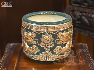 Bát hương men màu đắp nổi Rồng Như Ý nền xanh lục bảo vẽ vàng 24k, đường kính 14cm