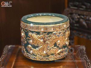 Bát hương men màu đắp nổi Rồng Như Ý nền xanh lục bảo vẽ vàng 24k, đường kính 22cm