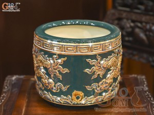 Bát hương men màu đắp nổi Rồng Như Ý nền xanh lục bảo vẽ vàng 24k, đường kính 22cm