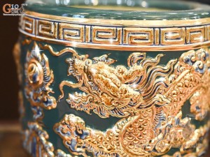 Bát hương men màu đắp nổi Rồng Như Ý nền xanh lục bảo vẽ vàng 24k, đường kính 22cm