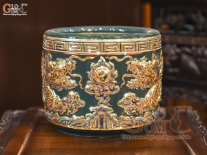 Bát hương men màu đắp nổi Rồng Như Ý nền xanh lục bảo vẽ vàng 24k, đường kính 20cm