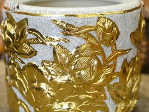 Bát hương men rạn đắp nổi hoa Sen Cát Tường dát vàng 24k, đường kính 20cm