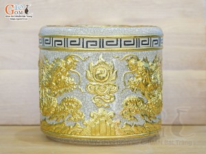 Bát hương men rạn đắp nổi Rồng dát vàng 24k, đường kính 22cm