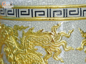 Bát hương men rạn đắp nổi Rồng dát vàng 24k, đường kính 22cm