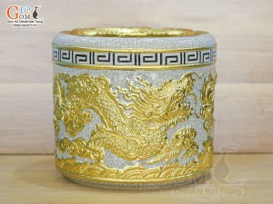 Bát hương men rạn đắp nổi Rồng dát vàng 24k, đường kính 22cm