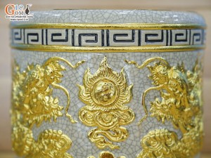 Bát hương men rạn đắp nổi Rồng dát vàng 24k, đường kính 22cm